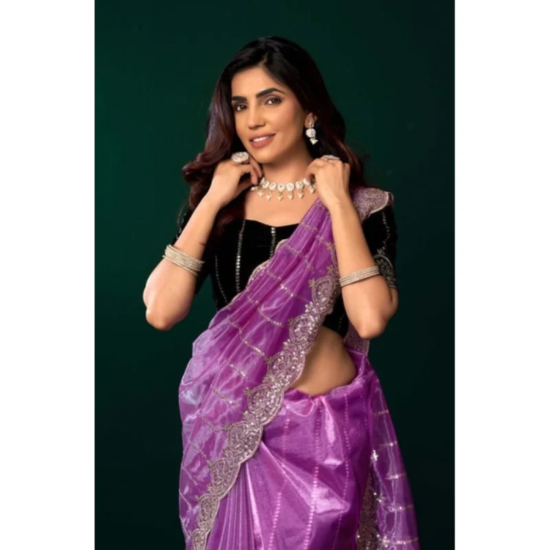 Alternative view of Women's Net Sequence Saree With Unstitched Blouse 5.5Mtr (Lavender)