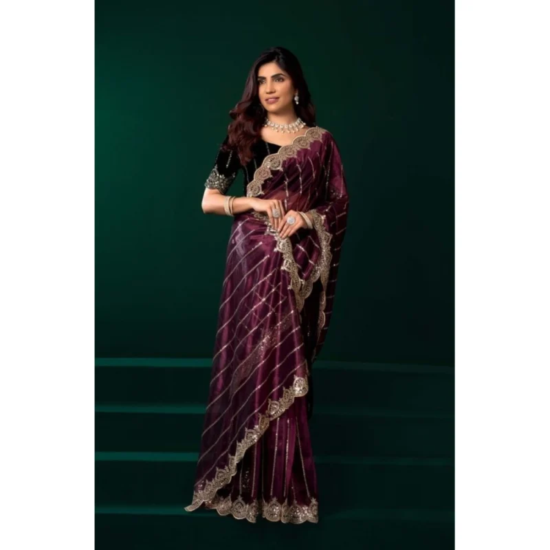 Women's Net Sequence Saree With Unstitched Blouse 5.5Mtr (Maroon)