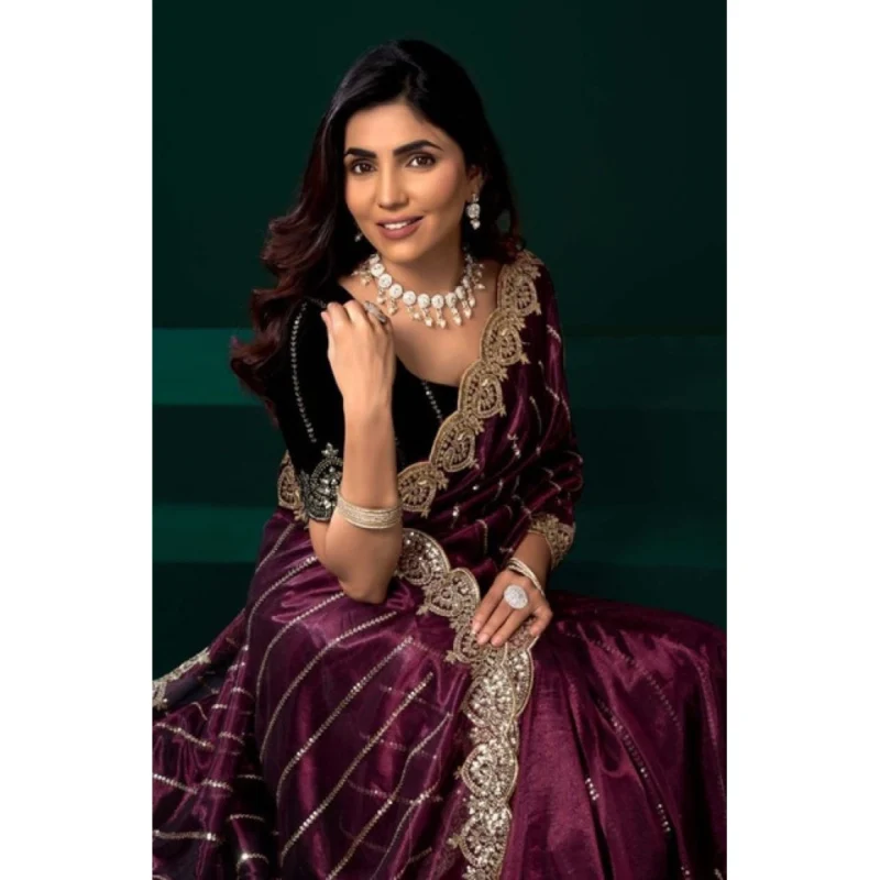 Alternative view of Women's Net Sequence Saree With Unstitched Blouse 5.5Mtr (Maroon)