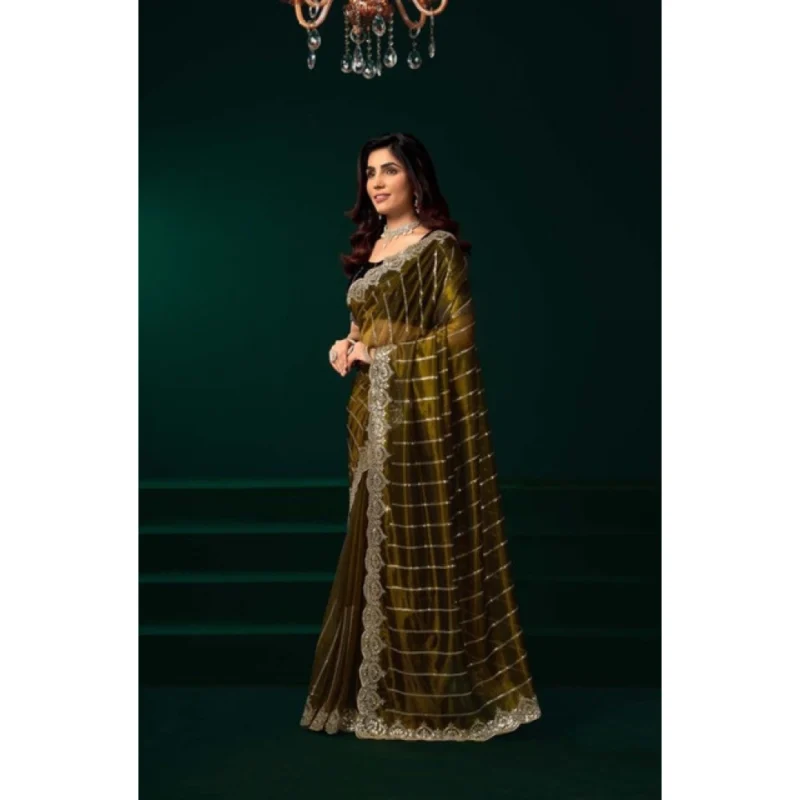 Women's Net Sequence Saree With Unstitched Blouse 5.5Mtr (Olive)