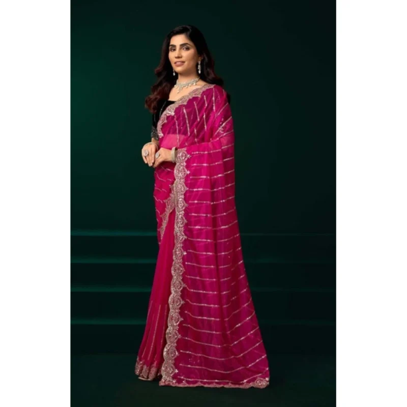 Women's Net Sequence Saree With Unstitched Blouse 5.5Mtr (Pink)