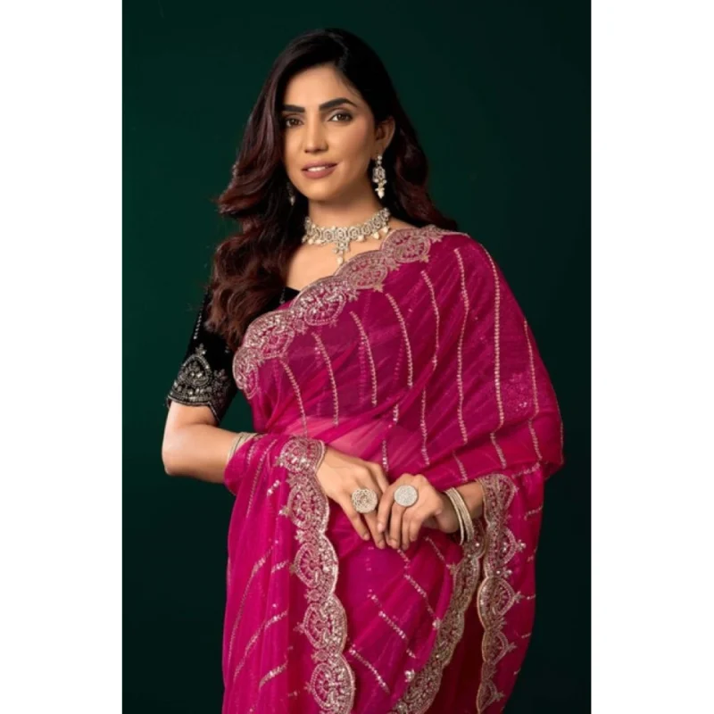 Alternative view of Women's Net Sequence Saree With Unstitched Blouse 5.5Mtr (Pink)