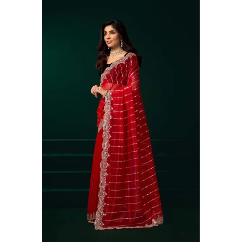 Women's Net Sequence Saree With Unstitched Blouse 5.5Mtr (Red)