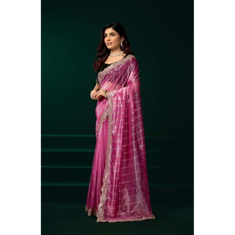 Women's Net Sequence Saree With Unstitched Blouse 5.5Mtr (Pink)