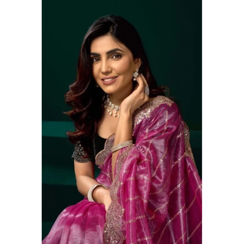 Alternative view of Women's Net Sequence Saree With Unstitched Blouse 5.5Mtr (Pink)