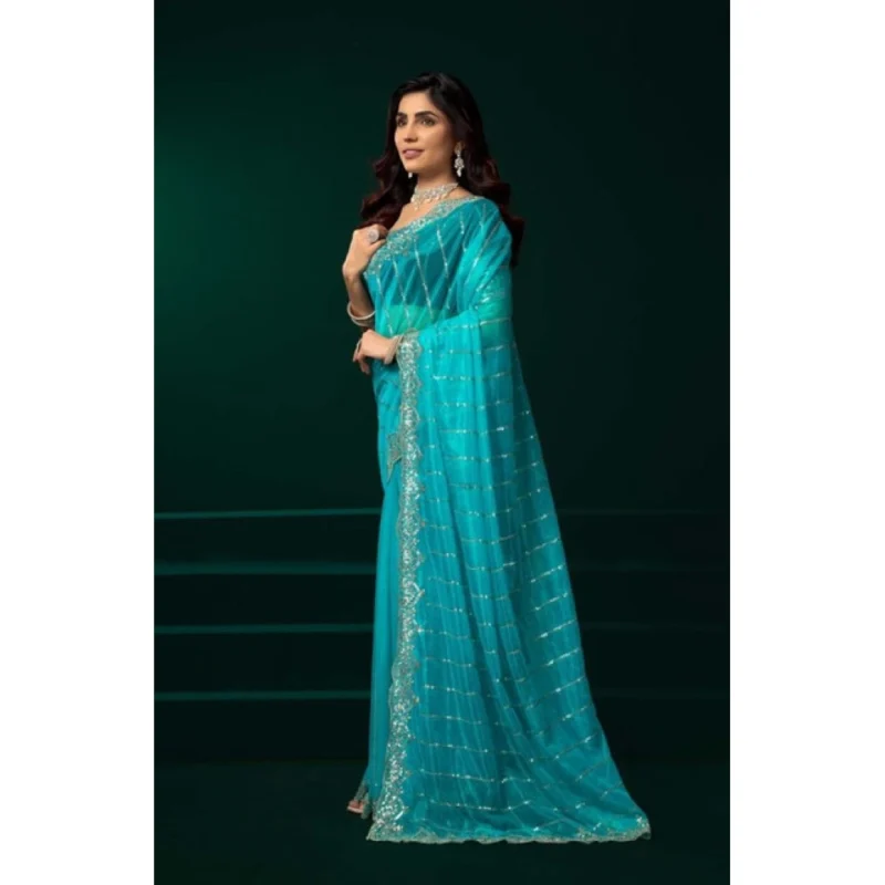 Women's Net Sequence Saree With Unstitched Blouse 5.5Mtr (Turquoise)