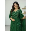 Women's Georgette Ethnic Motif Round 3/4th Sleeve Kurti With Pant Dupatta Set (Green)