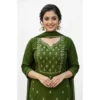 Women's Georgette Ethnic Motif Round 3/4th Sleeve Kurti With Pant Dupatta Set (Mahendi)