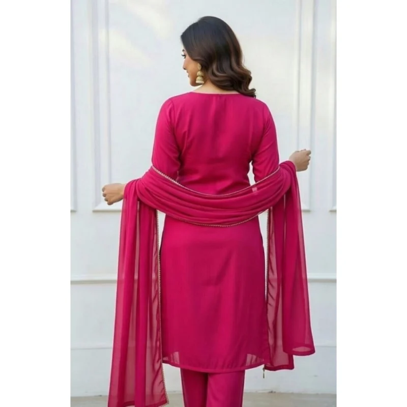Alternative view of Women's Georgette Ethnic Motif Round 3/4th Sleeve Kurti With Pant Dupatta Set (Pink)