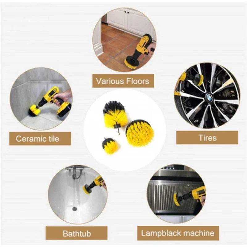 Pack Of 3 Polypropylene Solid Power Drill Scrub Brush Cleaning Set (Yellow-Black)