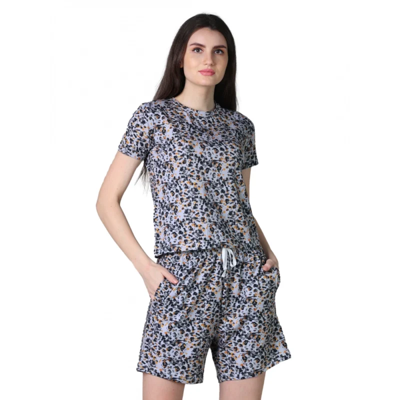 Women's Cotton Blended Printed Round Neck Half Sleeve Top - Shorts Set (Multicolor)