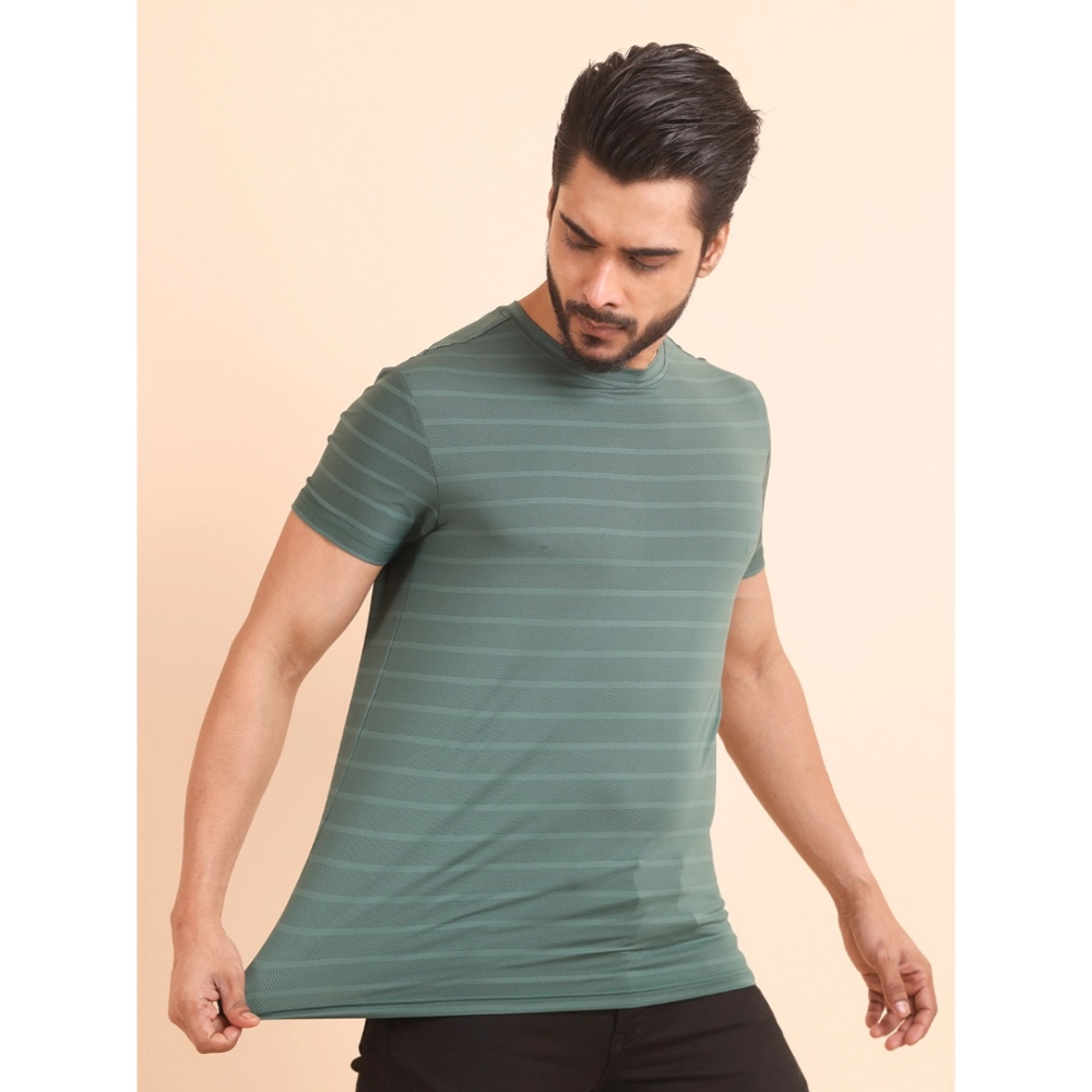 Men's Casual Nylon Solid Half Sleeve Round Neck T-Shirt (Green) - Image 4