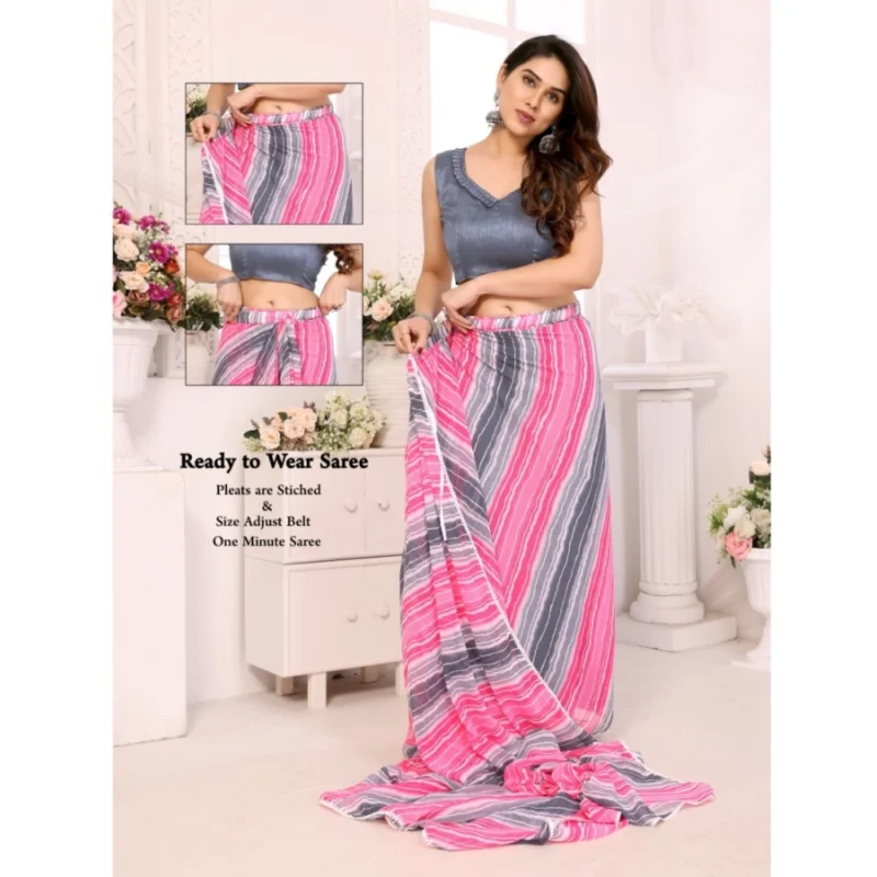 Alternative view of Women's Small Lace Georgette Striped Ready-to-Wear Saree With Unstitched Blouse 5.5 Mtr (Grey)