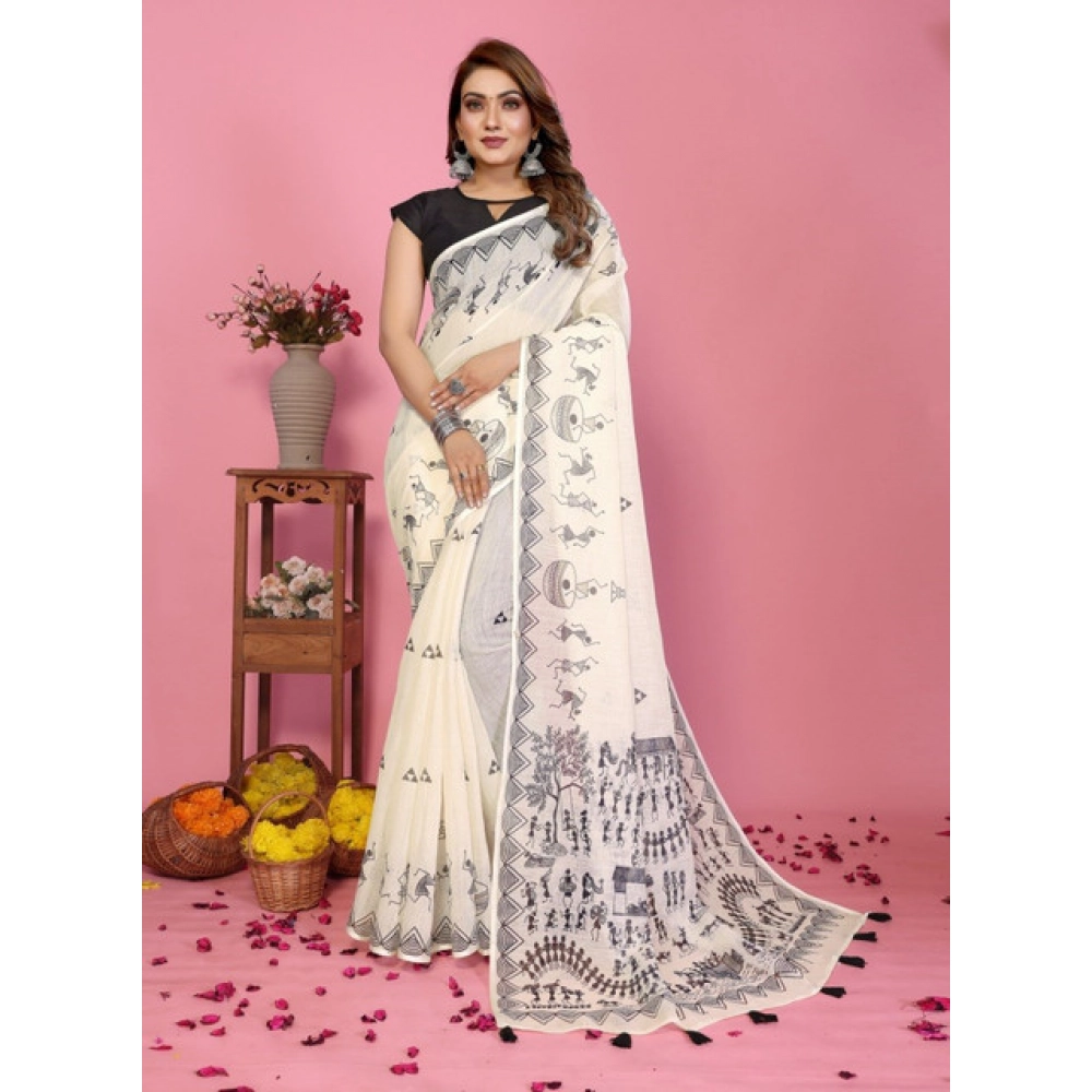 Women's Linen Cotton Printed Saree With Unstitched Blouse 5.5Mtr (Off White) - Image 4