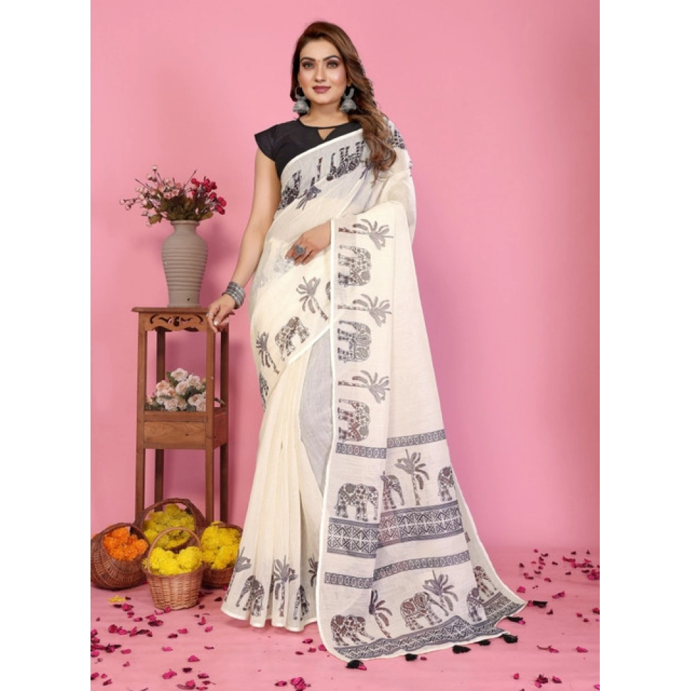 Women's Linen Cotton Printed Saree With Unstitched Blouse 5.5Mtr (Off White) - Image 3