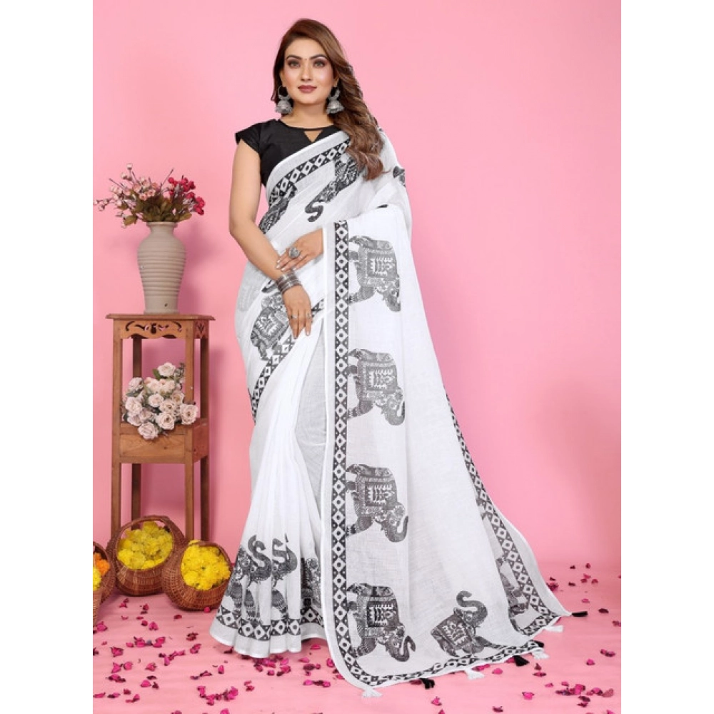 Women's Linen Cotton Printed Saree With Unstitched Blouse 5.5Mtr (White) - Image 2