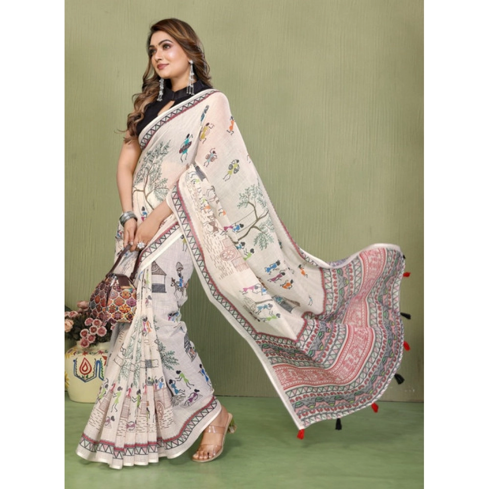 Women's Linen Cotton Printed Saree With Unstitched Blouse 5.5Mtr (Off White) - Image 3