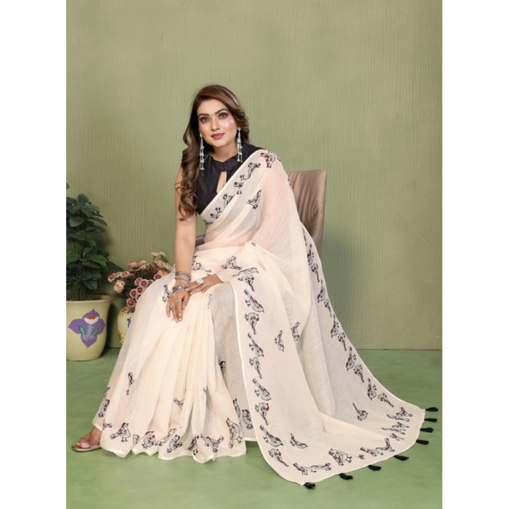 Women's Linen Cotton Printed Saree With Unstitched Blouse 5.5Mtr (Off White) - Image 3