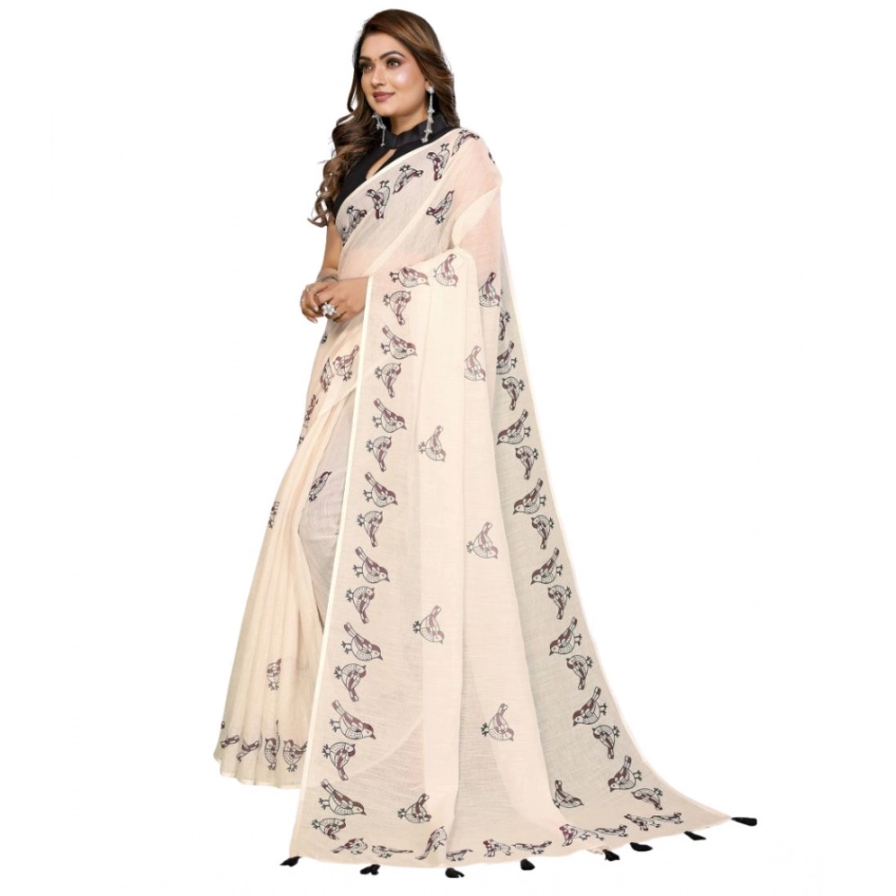 Women's Linen Cotton Printed Saree With Unstitched Blouse 5.5Mtr (Off White) - Image 5