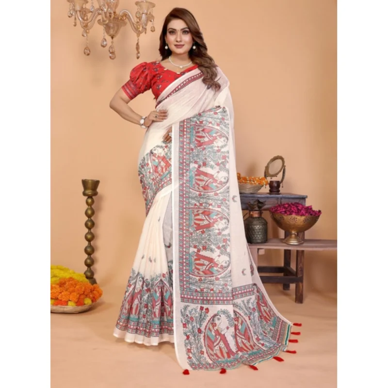 Alternative view of Women's Linen Cotton Printed Saree With Unstitched Blouse 5.5Mtr (Off White)