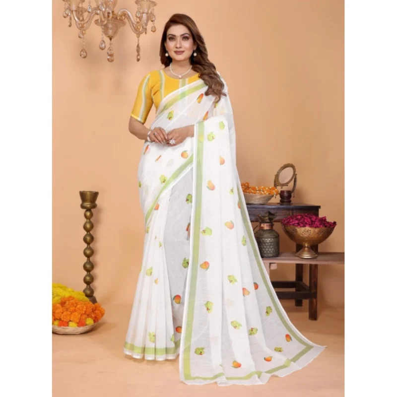 Alternative view of Women's Linen Cotton Printed Saree With Unstitched Blouse 5.5Mtr (White)