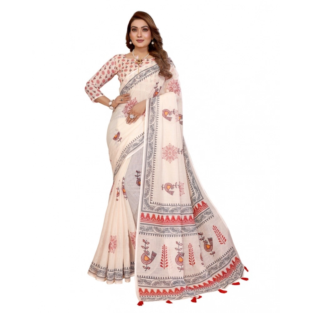 Women's Linen Cotton Printed Saree With Unstitched Blouse 5.5Mtr (Off White) - Image 6