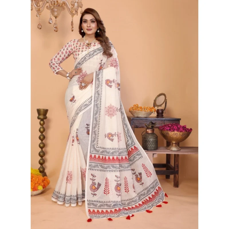 Alternative view of Women's Linen Cotton Printed Saree With Unstitched Blouse 5.5Mtr (Off White)