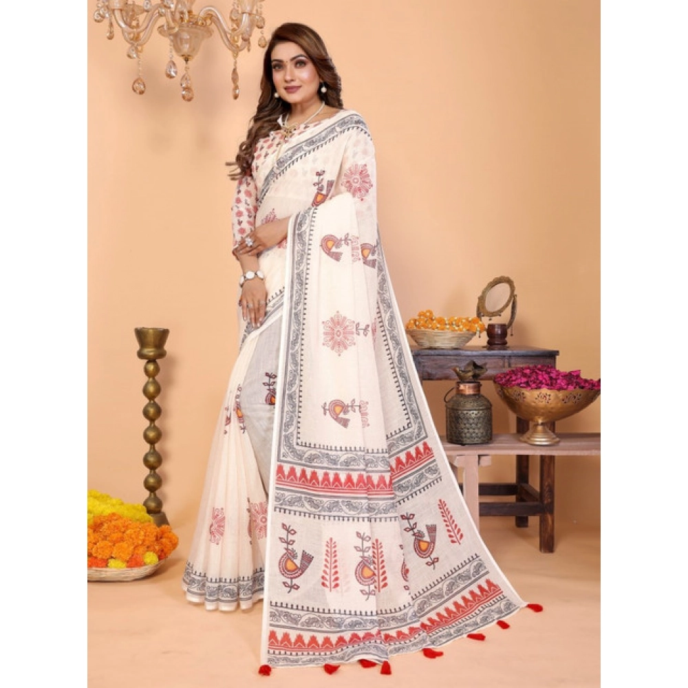 Women's Linen Cotton Printed Saree With Unstitched Blouse 5.5Mtr (Off White) - Image 5