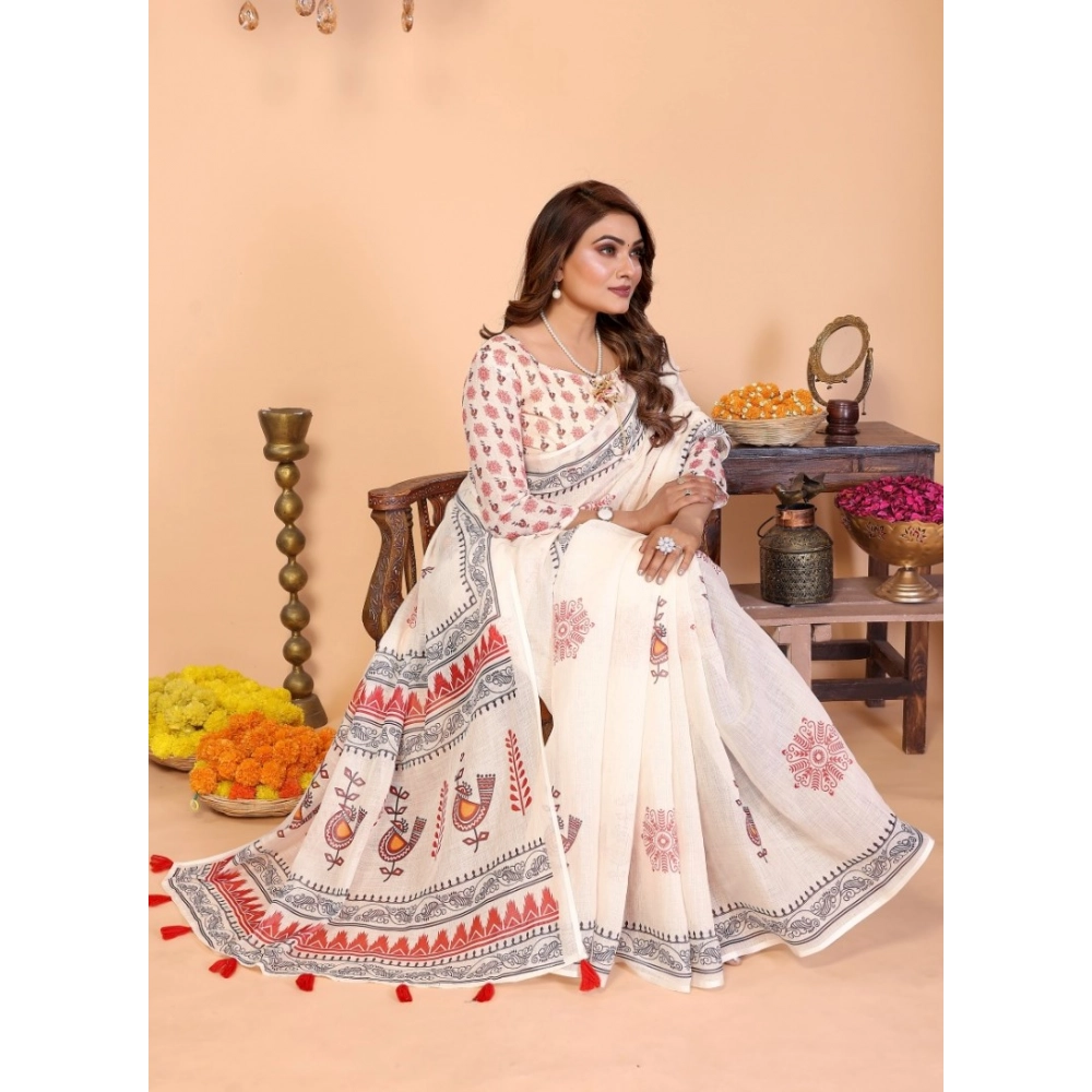 Women's Linen Cotton Printed Saree With Unstitched Blouse 5.5Mtr (Off White) - Image 3