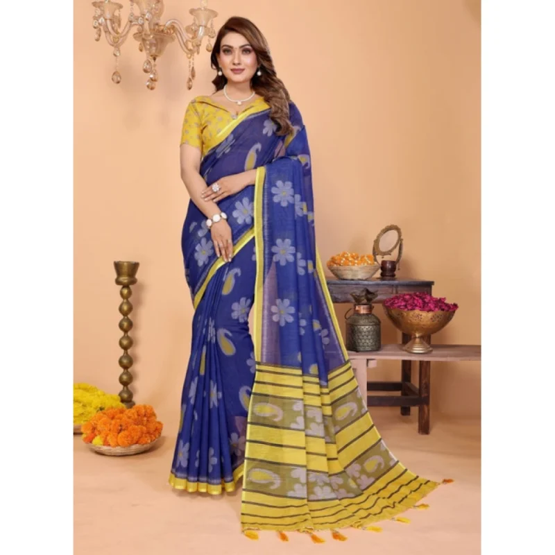 Alternative view of Women's Linen Cotton Printed Saree With Unstitched Blouse 5.5Mtr (Blue)