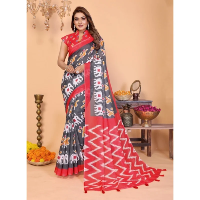 Alternative view of Women's Linen Cotton Printed Saree With Unstitched Blouse 5.5Mtr (Grey)