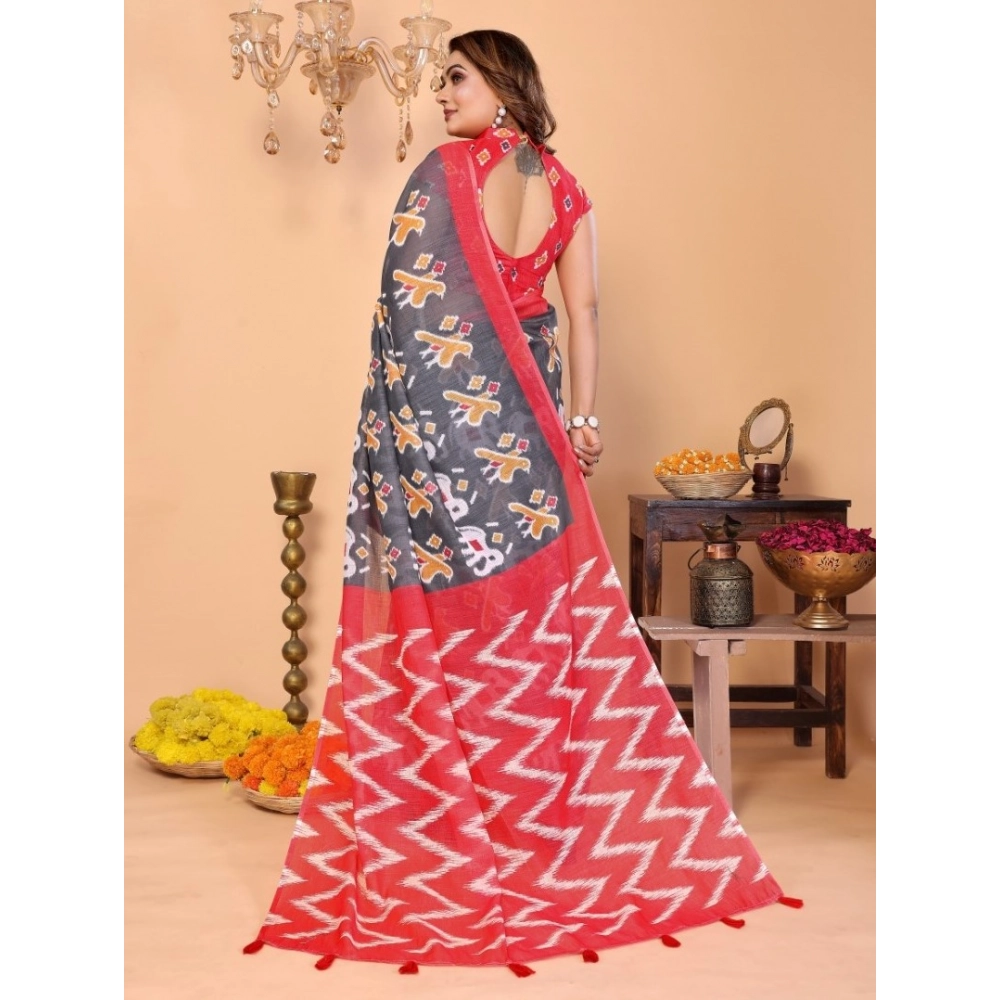 Women's Linen Cotton Printed Saree With Unstitched Blouse 5.5Mtr (Grey) - Image 4