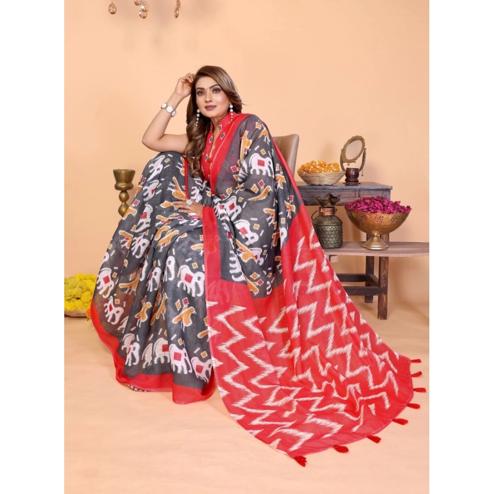 Women's Linen Cotton Printed Saree With Unstitched Blouse 5.5Mtr (Grey) - Image 3