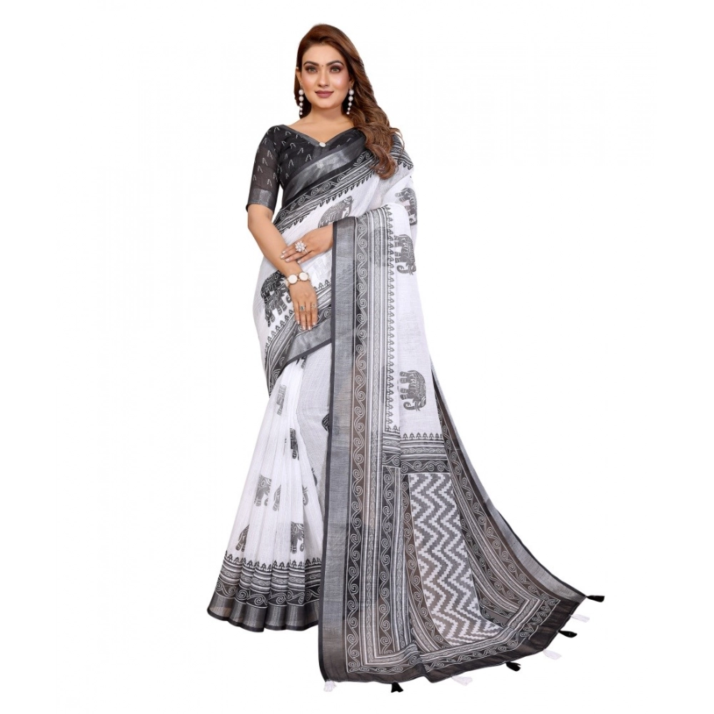 Women's Linen Cotton Printed Saree With Unstitched Blouse 5.5Mtr (White-Black) - Image 6