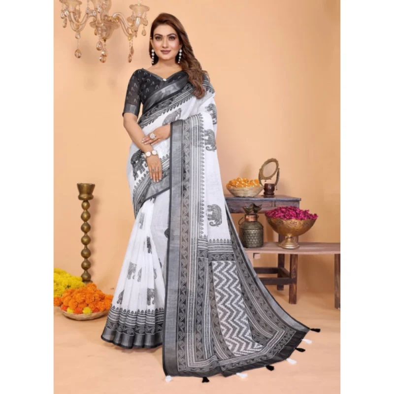 Alternative view of Women's Linen Cotton Printed Saree With Unstitched Blouse 5.5Mtr (White-Black)