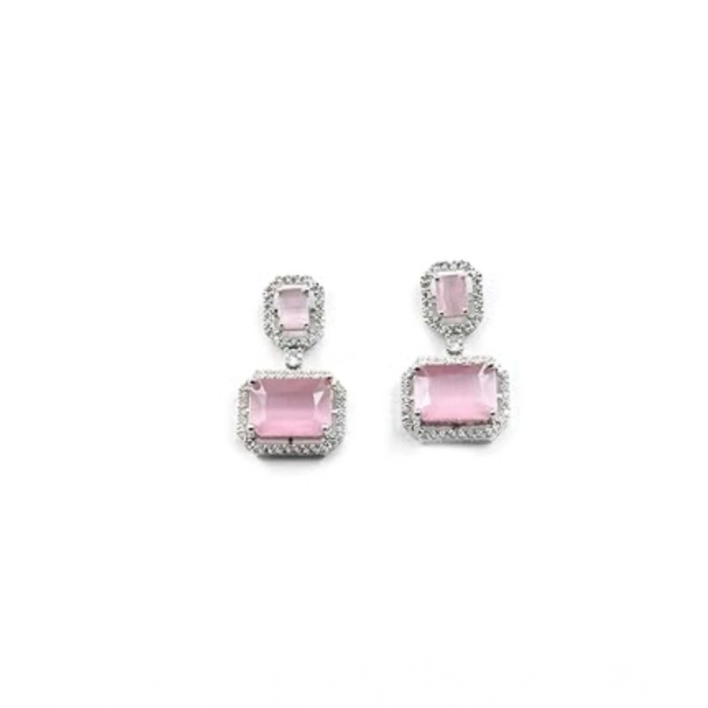 Women's Brass Silver Plated Drop Earrings (Pink) - Image 4
