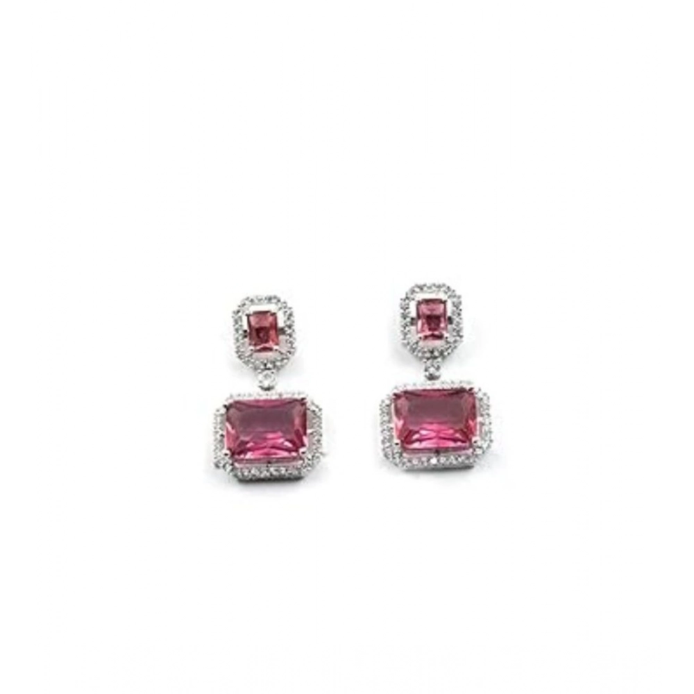 Women's Brass Silver Plated Drop Earrings (Red) - Image 4