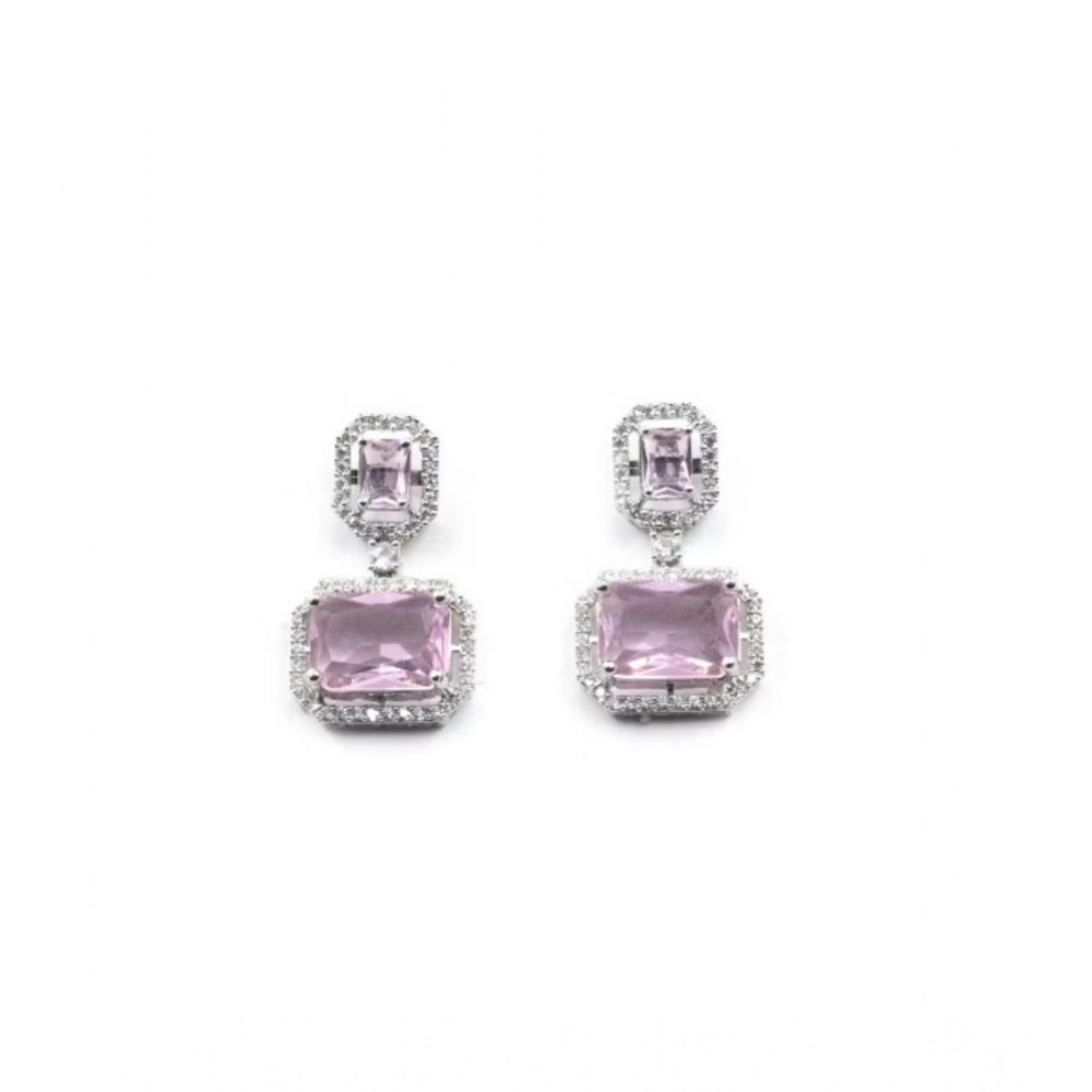 Women's Brass Silver Plated Drop Earrings (Pink) - Image 4