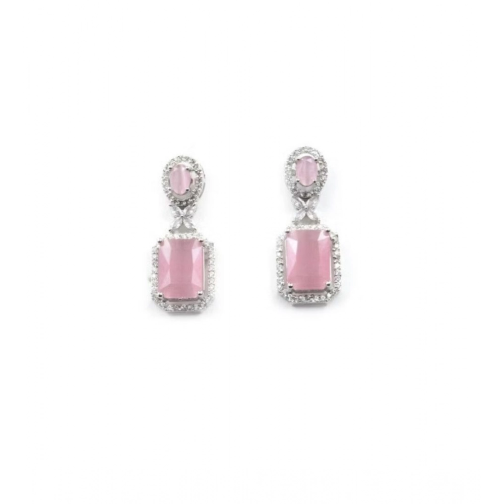 Women's Brass Silver Plated Drop Earrings (Pink) - Image 4