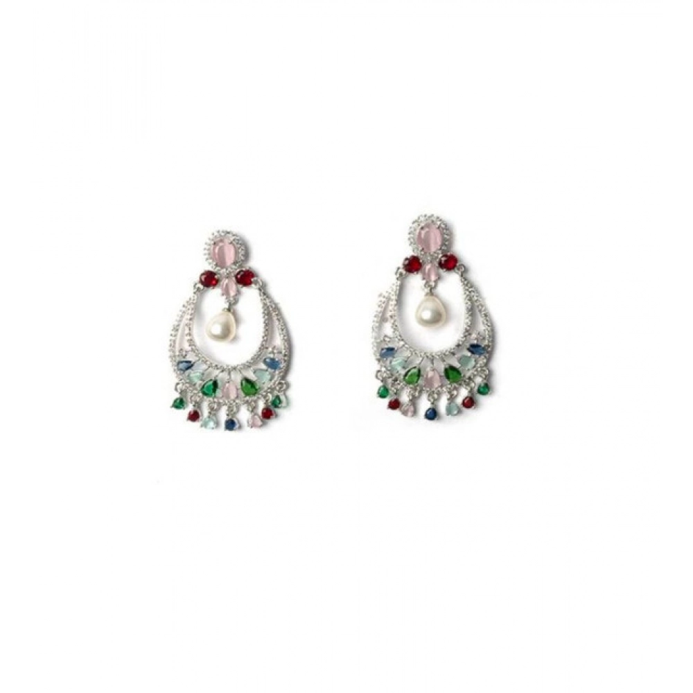 Women's Brass Silver Plated Chandbali Earrings (Multicolor) - Image 4