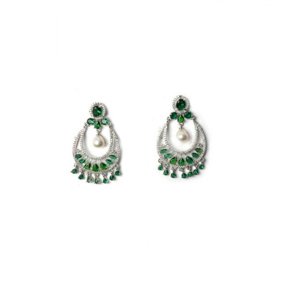 Women's Brass Silver Plated Chandbali Earrings (Green) - Image 4