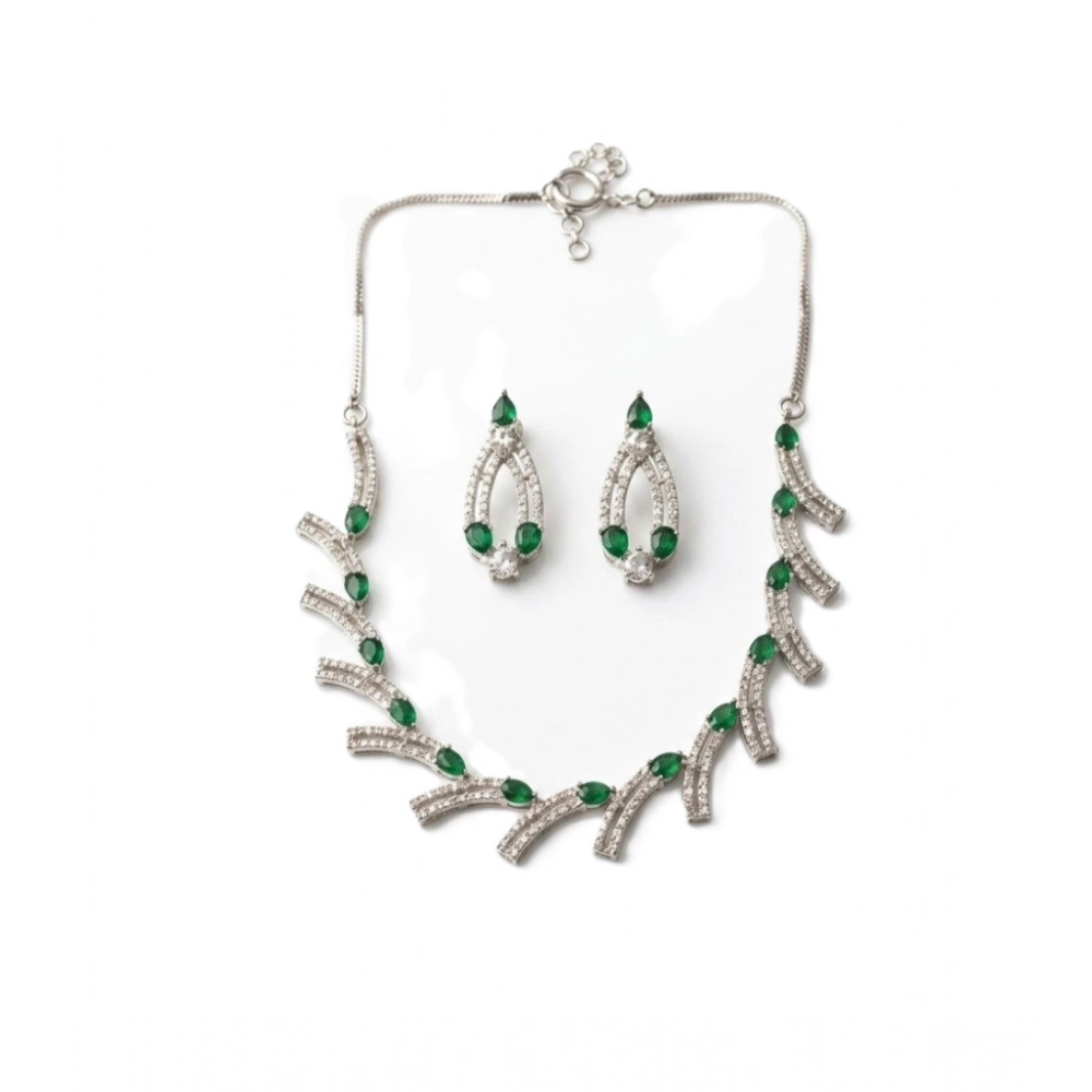 Women's Brass Silver Plated Necklace set (Green) - Image 3