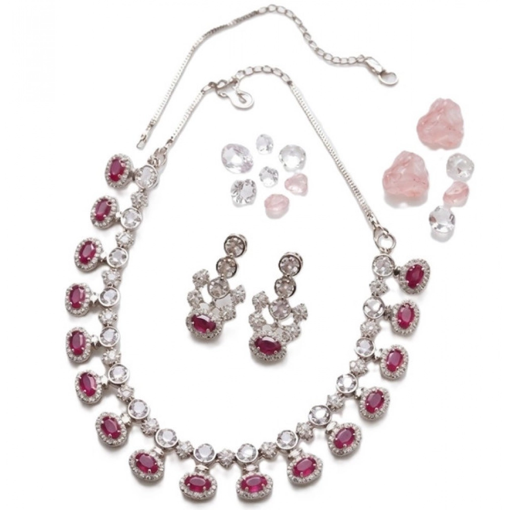 Women's Brass Silver Plated Necklace set (Pink) - Image 4