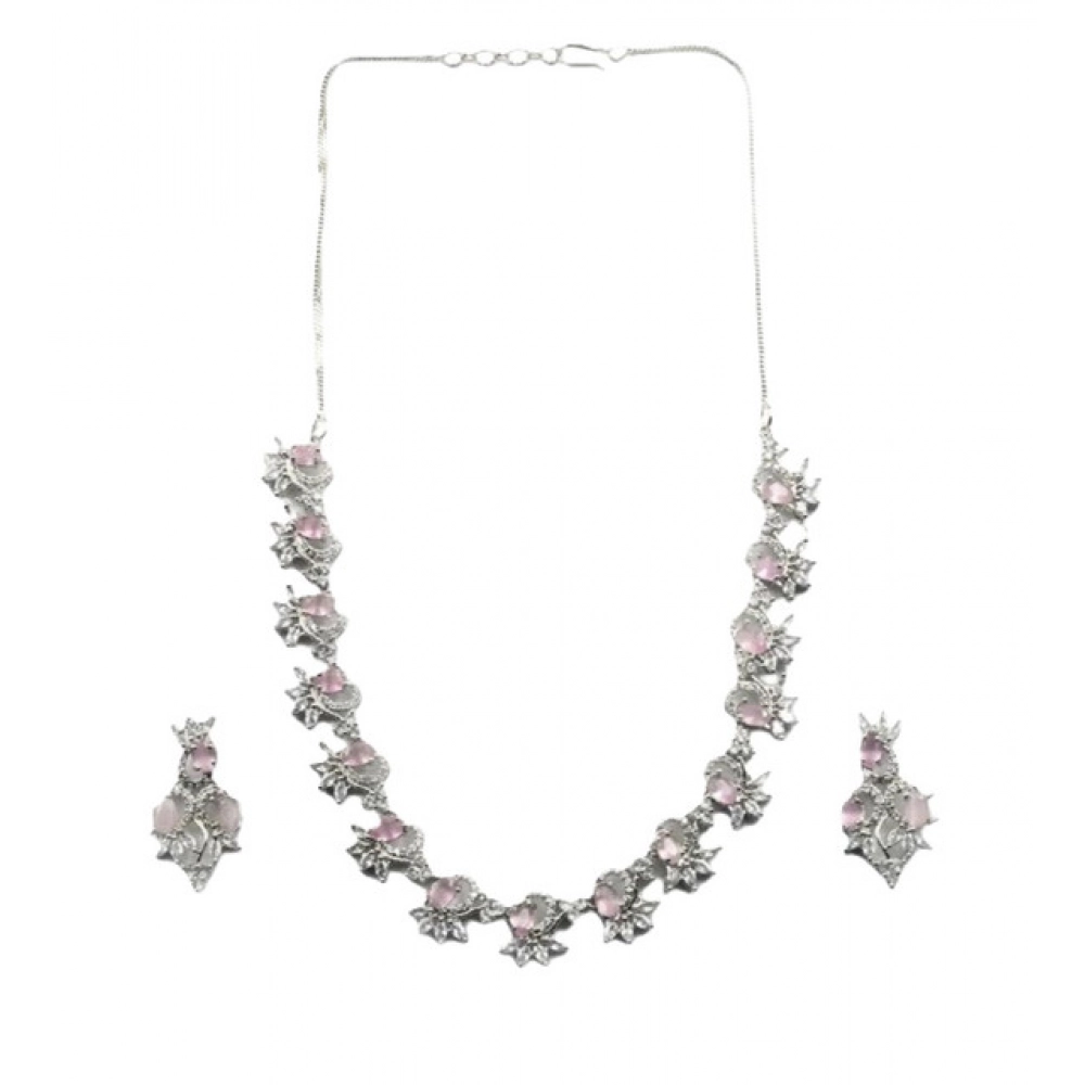 Women's Brass Silver Plated Necklace set (Pink) - Image 3