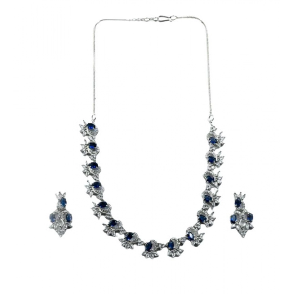 Women's Brass Silver Plated Necklace set (Blue) - Image 4
