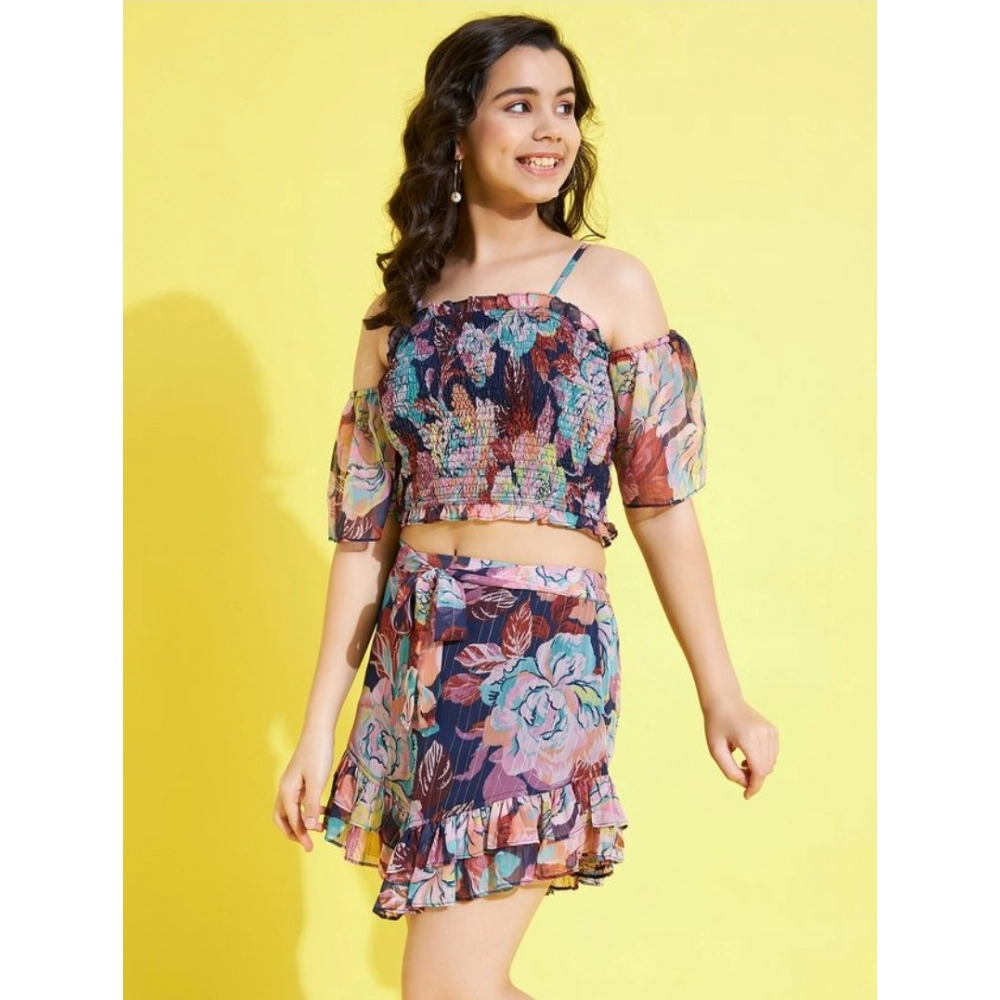 Girl's Polyester Lurex Floral Shoulder Straps Top and Skirt Set (Multicolor) - Image 3