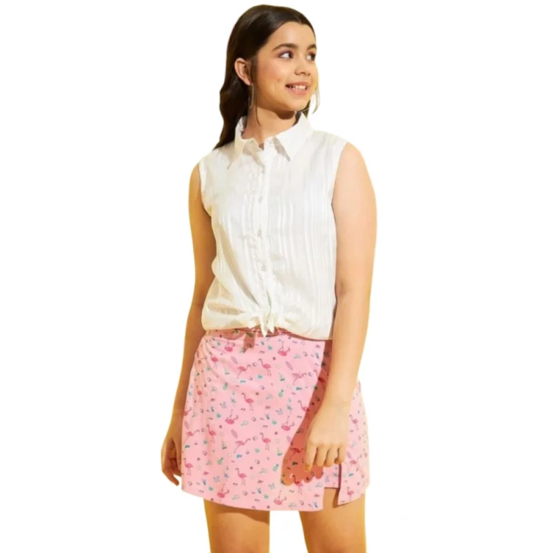 Alternative view of Girl's Polyester Lurex Printed Sleeveless Top Set (Pink-White)