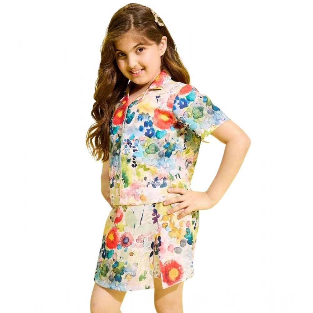 Girl's Polyester Cotton Blend Pattern-Floral Short Sleeves Skorts Set (Multicolor) - Image 5
