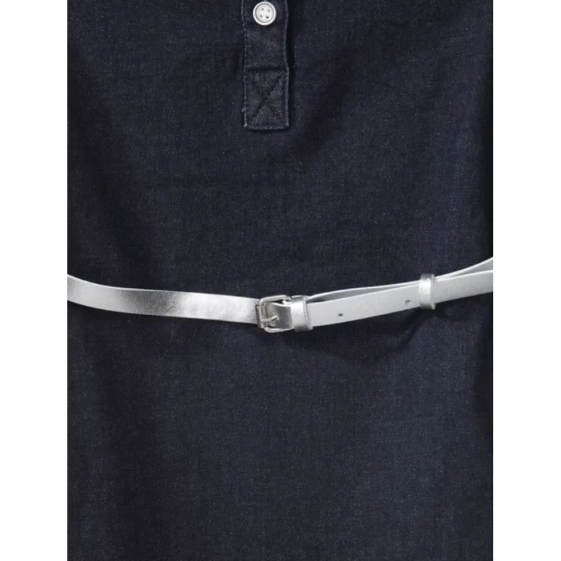 Alternative view of Girl's Denim Lycra Ribbed Elasticated Dress with Belt (Navy Blue-White)