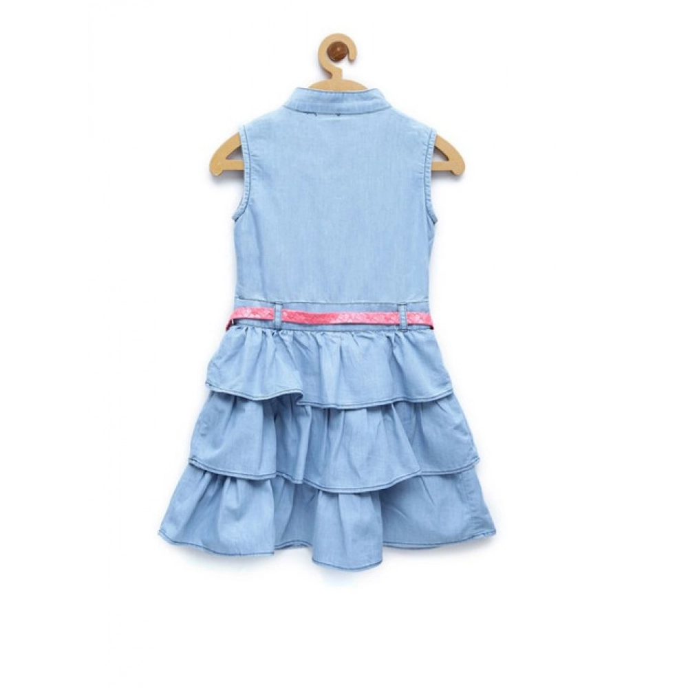 Girl's Denim Embellished Sleeveless Dress with Belt (Light Blue) - Image 4